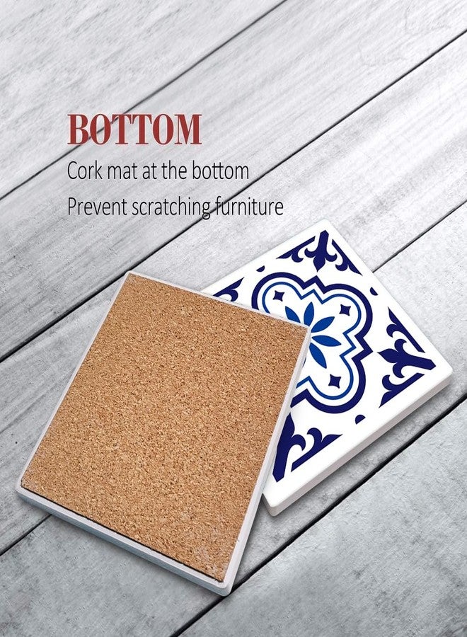 Bribay Coasters for Drinks Set of 6, Navy Blue Ceramic Tiles Geometric Pattern Absorbent Square Ceramic Stone Mat, with Cork Base and Metal Holder, Gift for Housewarming Room Bar Decor - Image 4